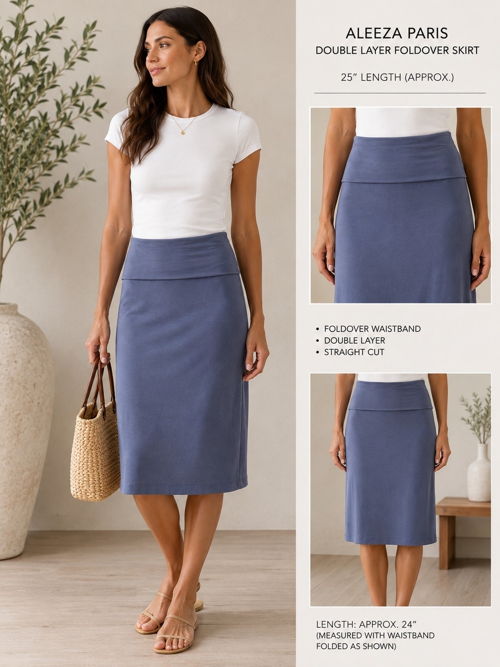 Aleeza Paris Slate Blue Foldover Midi Skirt Size L NWT
